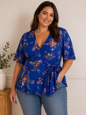 NEW Kiyonna Blue Floral Wrap Top – Plus Size 0X